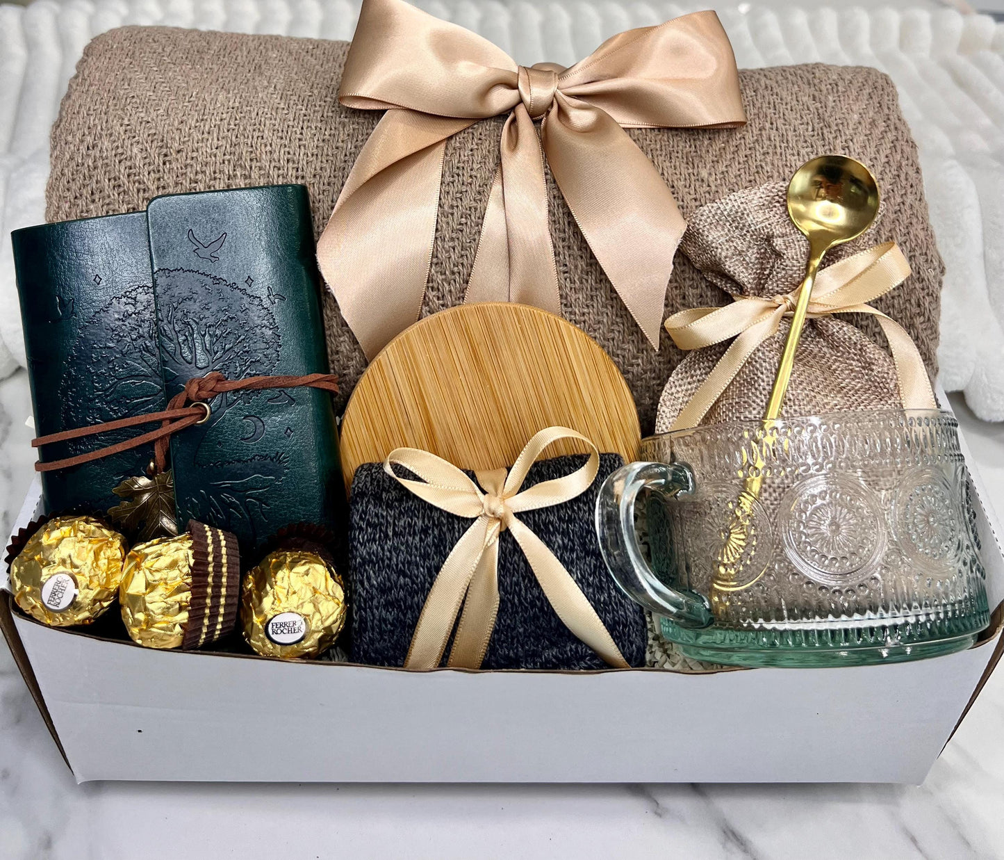 Cozy Gift Basket: Cotton Blanket, Tea & Soy Candle - Thinking of You