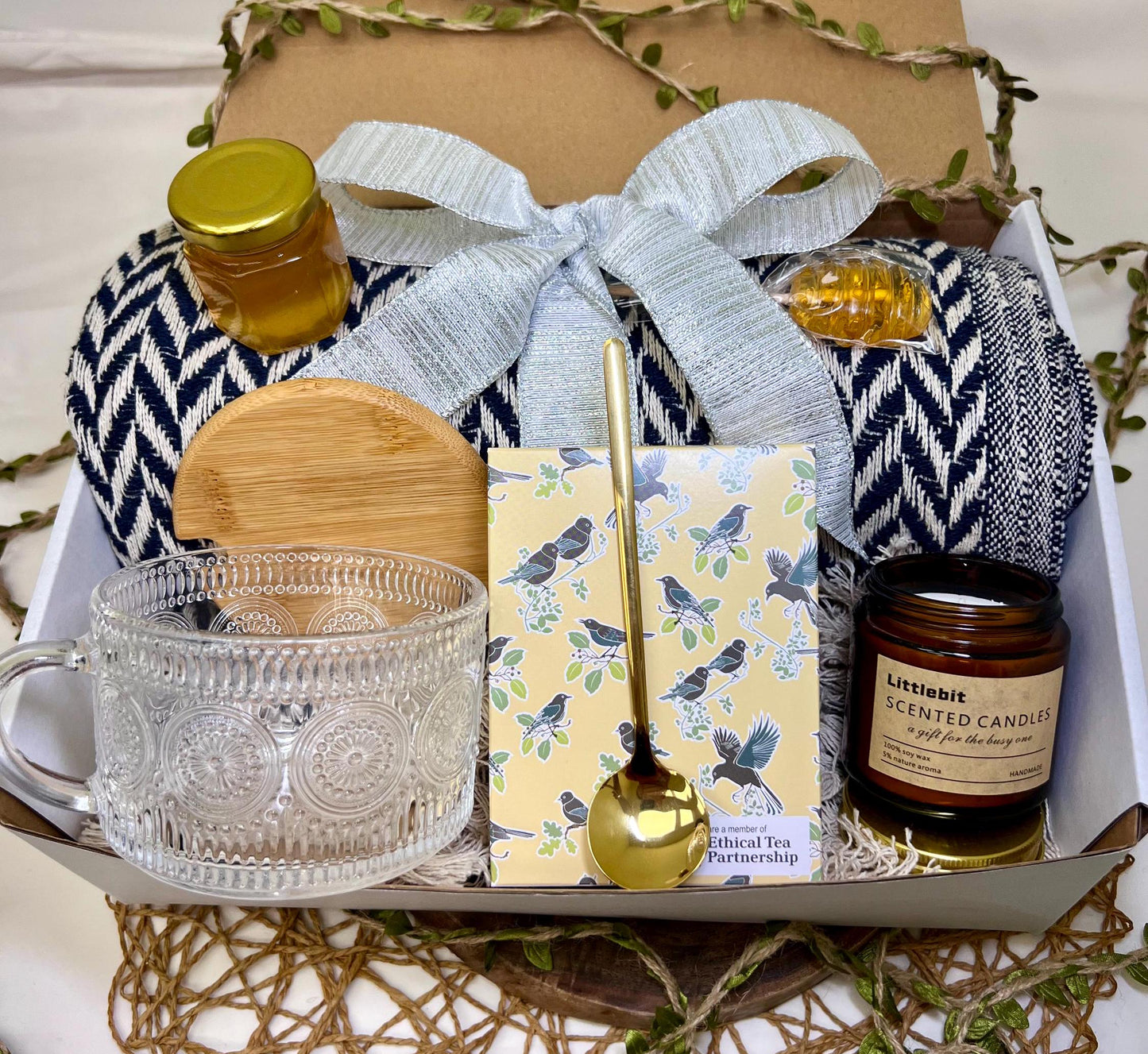 Cozy Gift Basket: Cotton Blanket, Tea & Soy Candle - Thinking of You