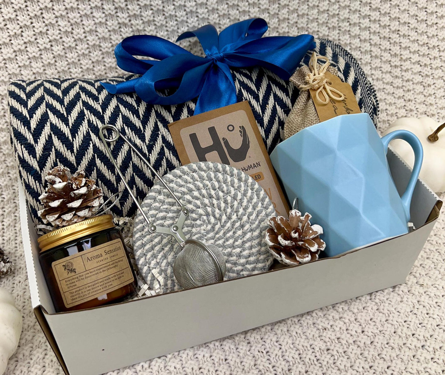 Cozy Gift Basket: Cotton Blanket, Tea & Soy Candle - Thinking of You