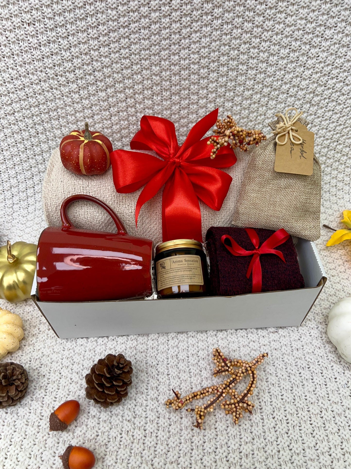 Hygge Gift Box: Cozy Cotton Blanket, Candle & Tea - Self Care Gift