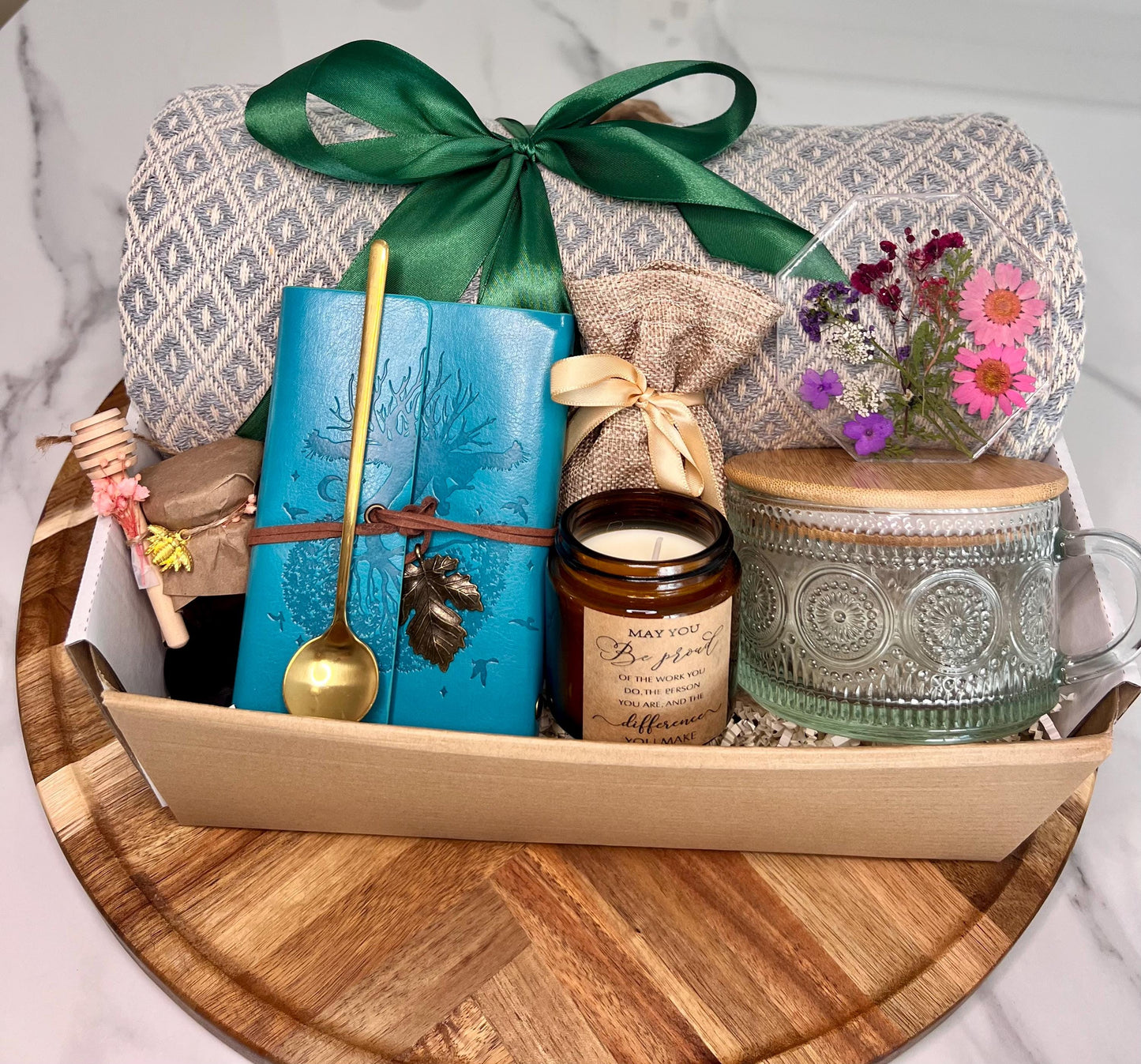 Fall Gift Basket, Best Gift Baskets: Cotton Blanket, Leather Notebook & Tea