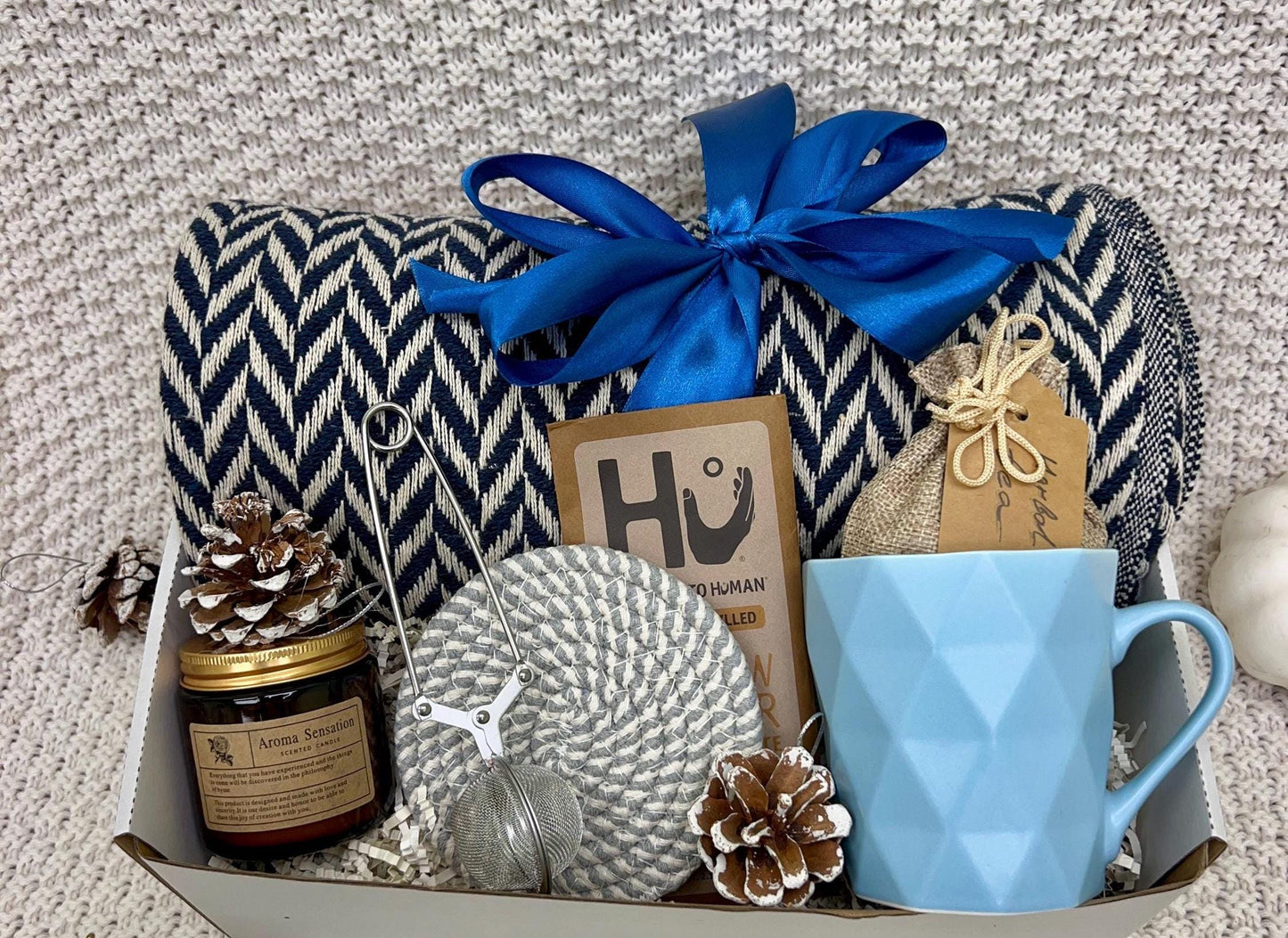 Cozy Gift Basket: Cotton Blanket, Tea & Soy Candle - Thinking of You