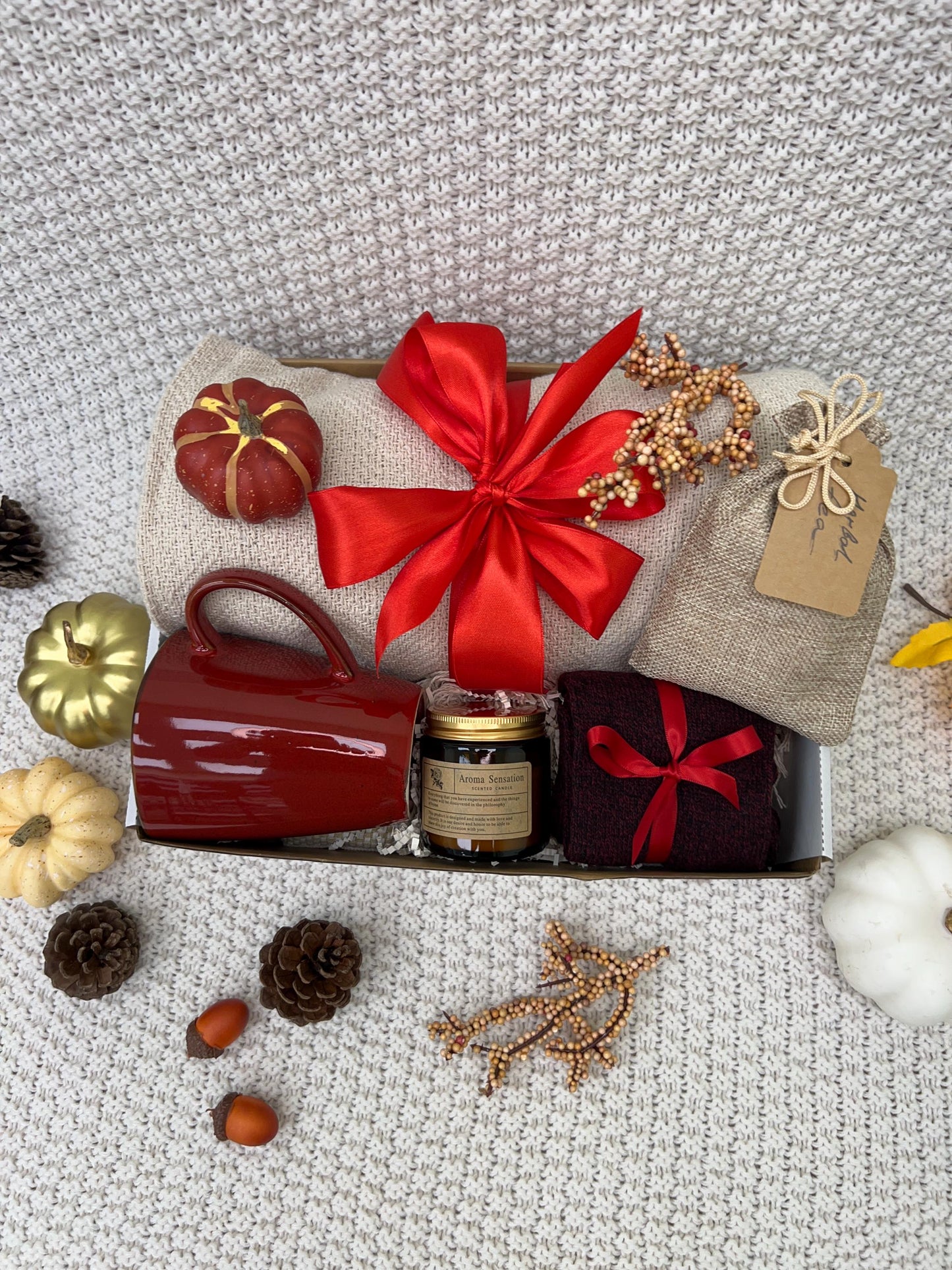 Hygge Gift Box: Cozy Cotton Blanket, Candle & Tea - Self Care Gift