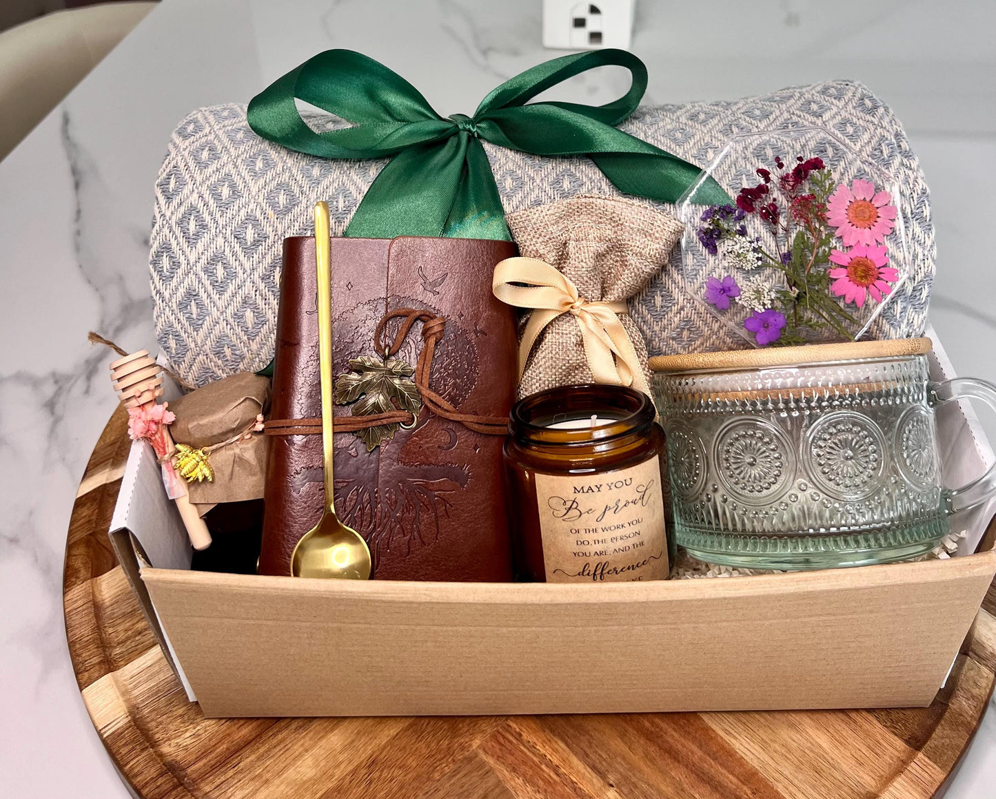 Fall Gift Basket, Best Gift Baskets: Cotton Blanket, Leather Notebook & Tea