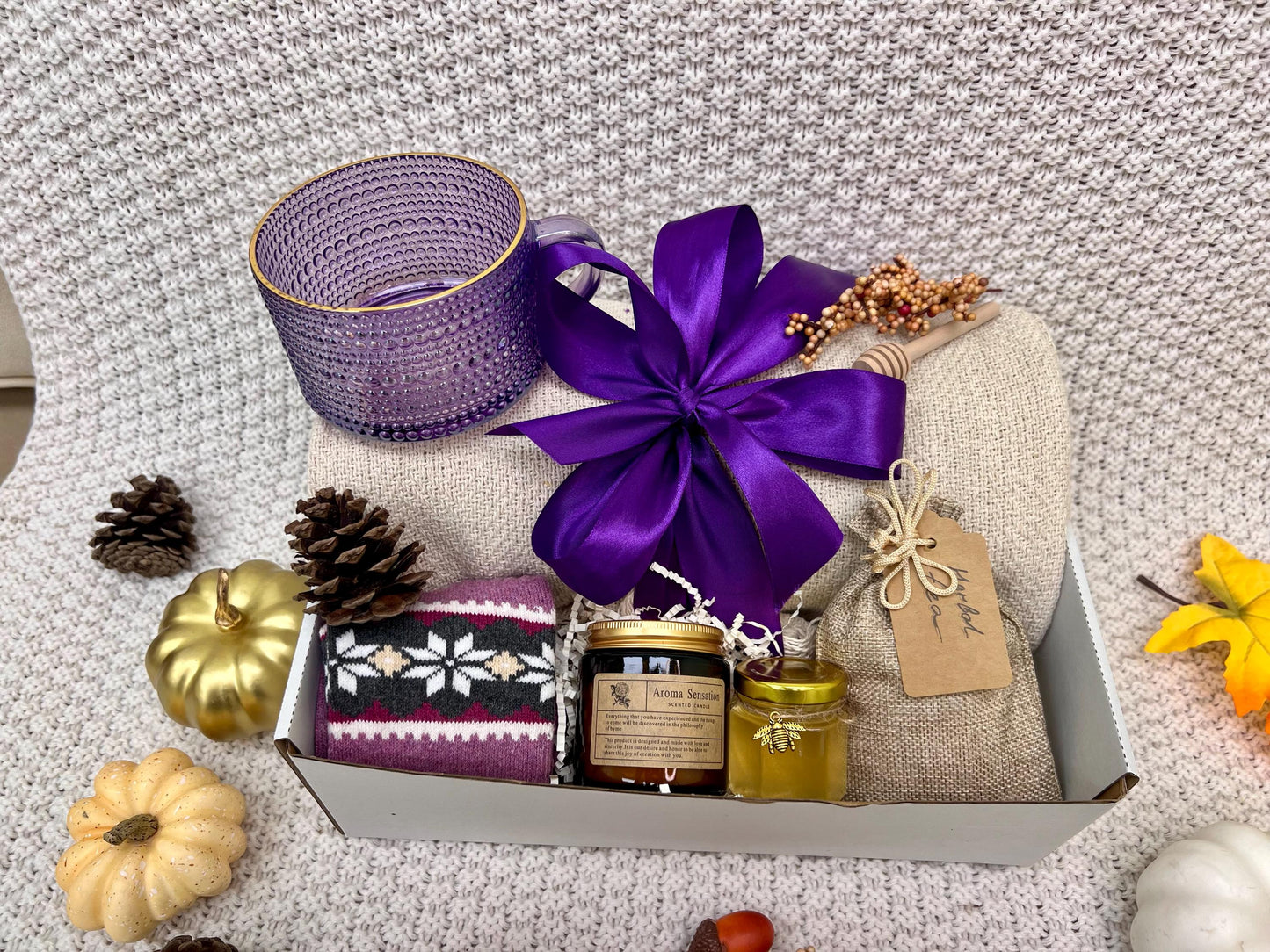 Hygge Gift Box: Cozy Cotton Blanket, Candle & Tea - Self Care Gift