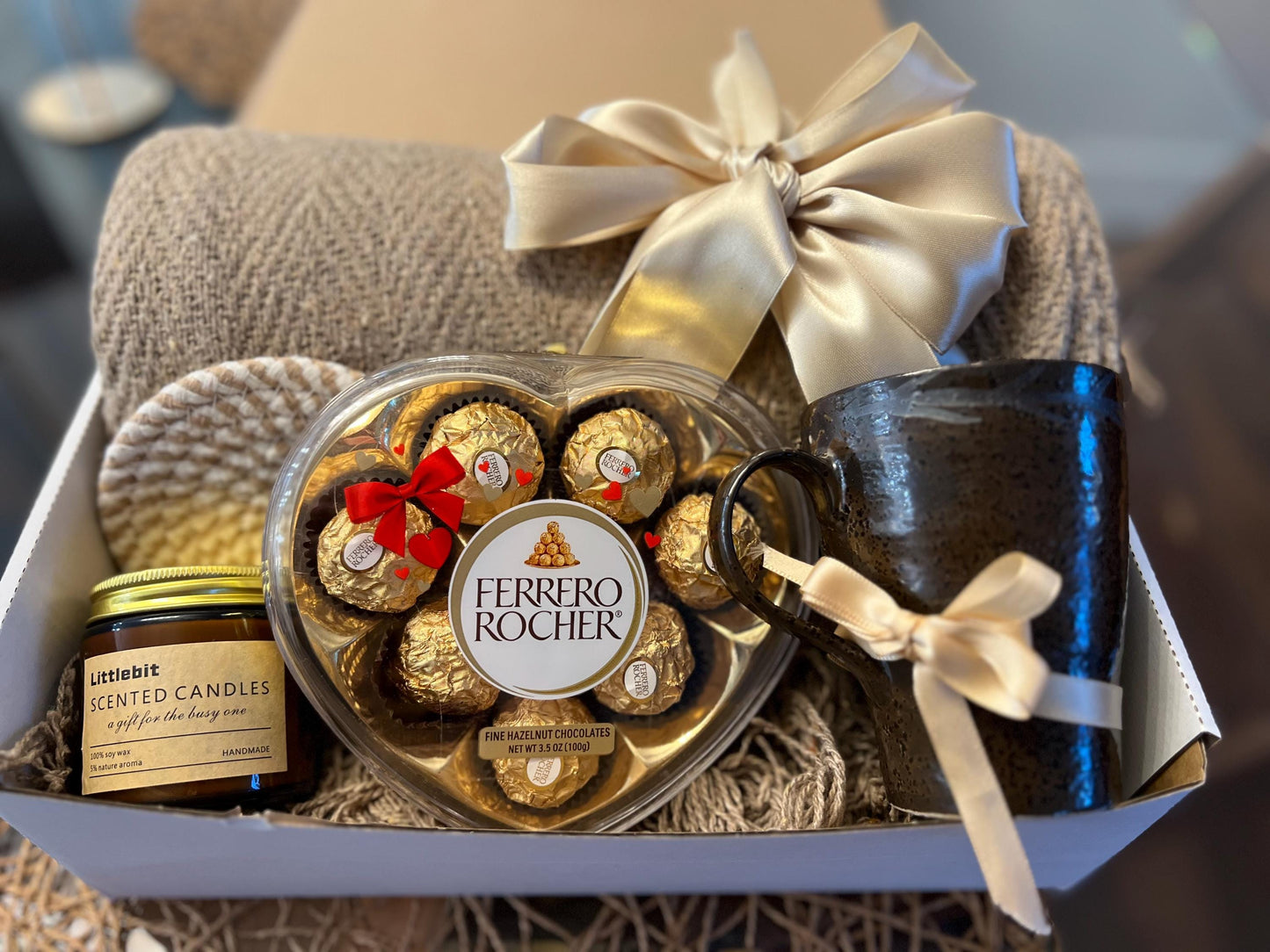 Cozy Gift Basket: Cotton Blanket, Tea & Soy Candle - Thinking of You