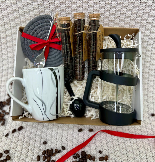 Gourmet Coffee Gift Box: French Press, Mug & Artisan Coffee Samples