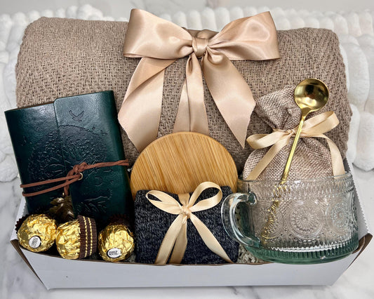 Cozy Gift Basket: Cotton Blanket, Tea & Soy Candle - Thinking of You