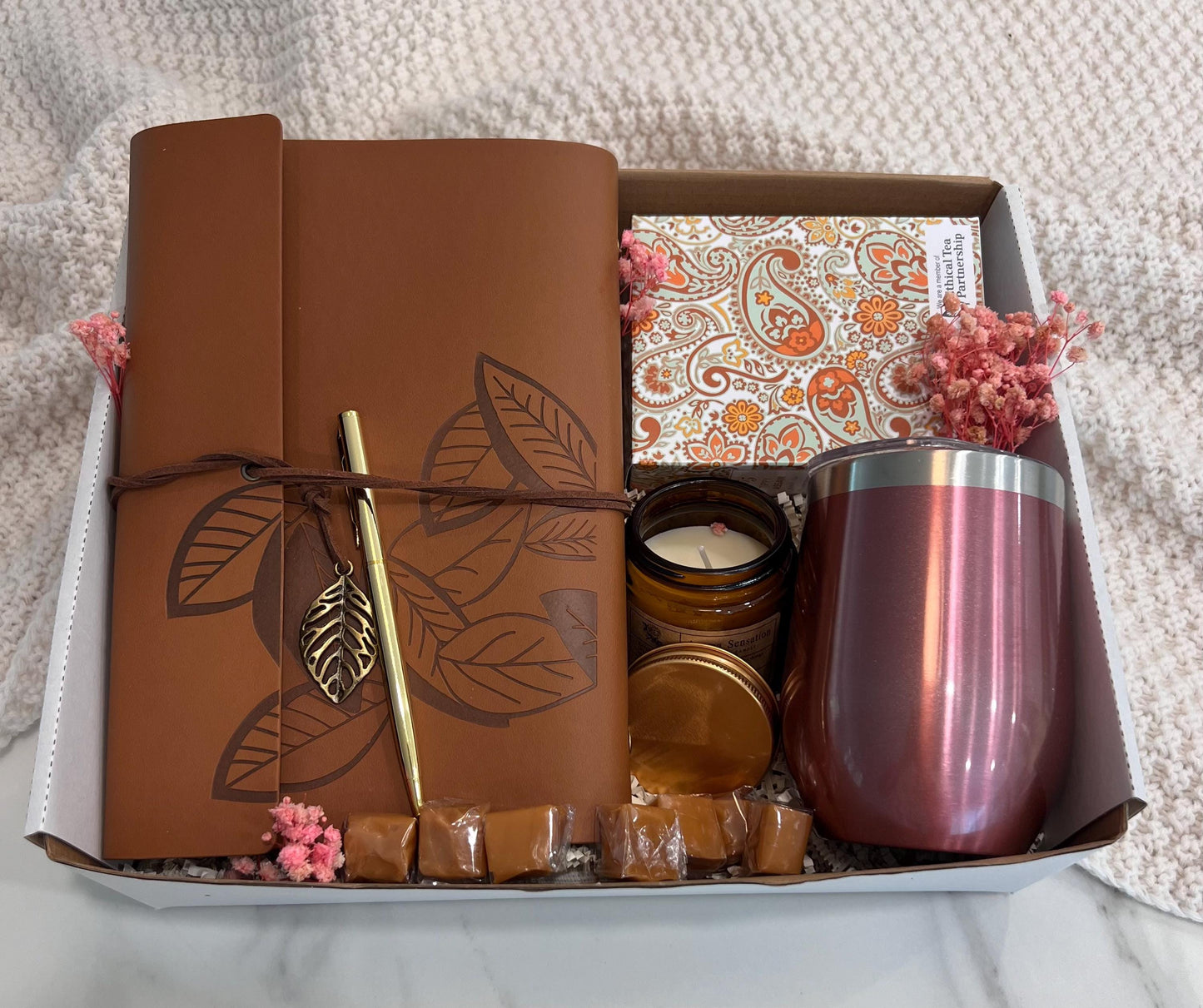 Autumn Cozy Gift Box: Cotton Blanket, Tea & Soy Candle - Thank You Gift